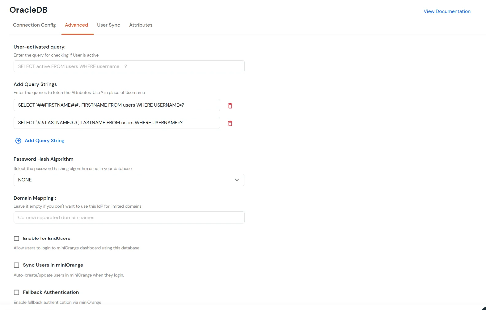 Advanced settings for MySQL DB as User Store