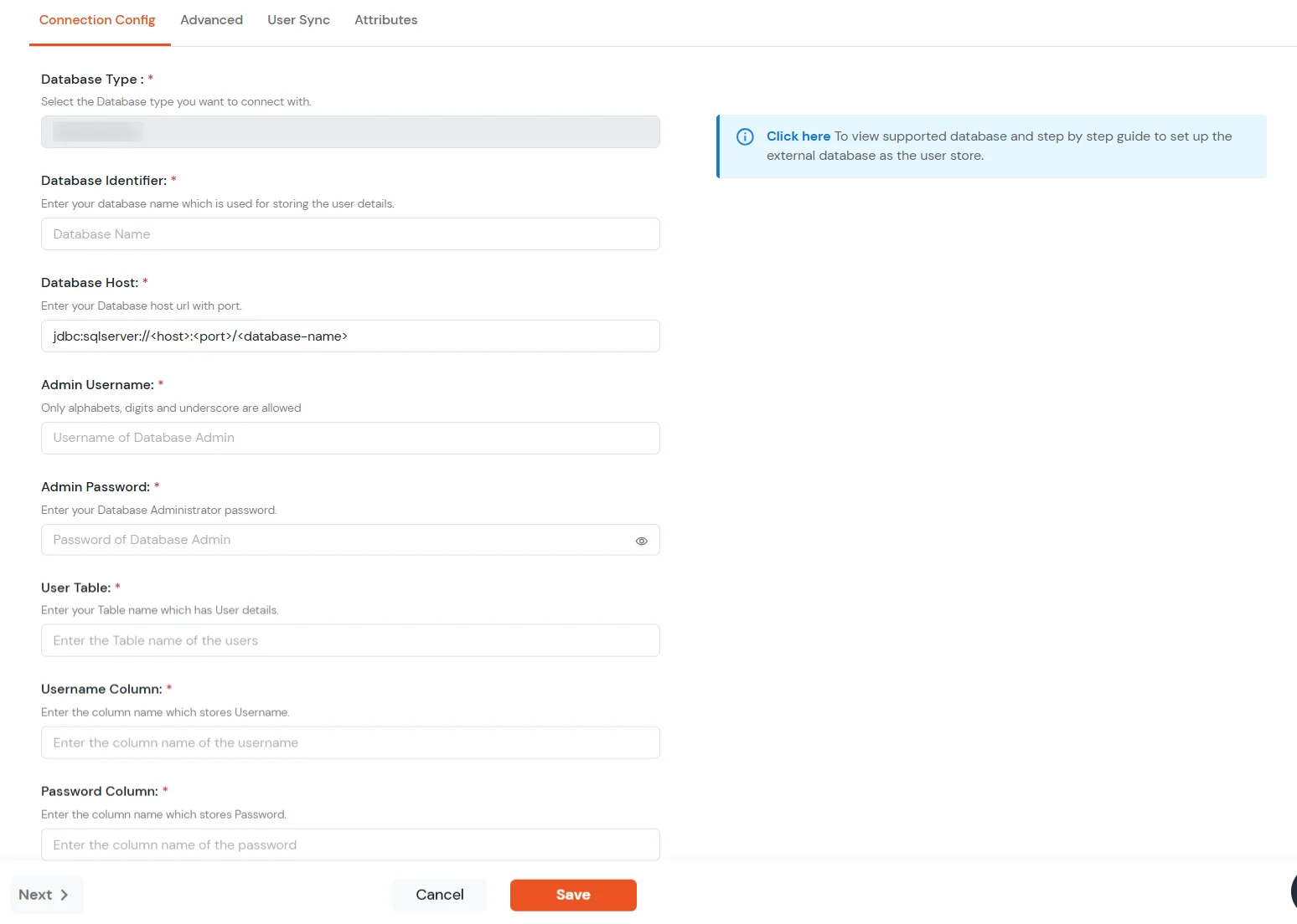 miniOrange Identity Platform Admin Handbook: Enter Database Connection Details