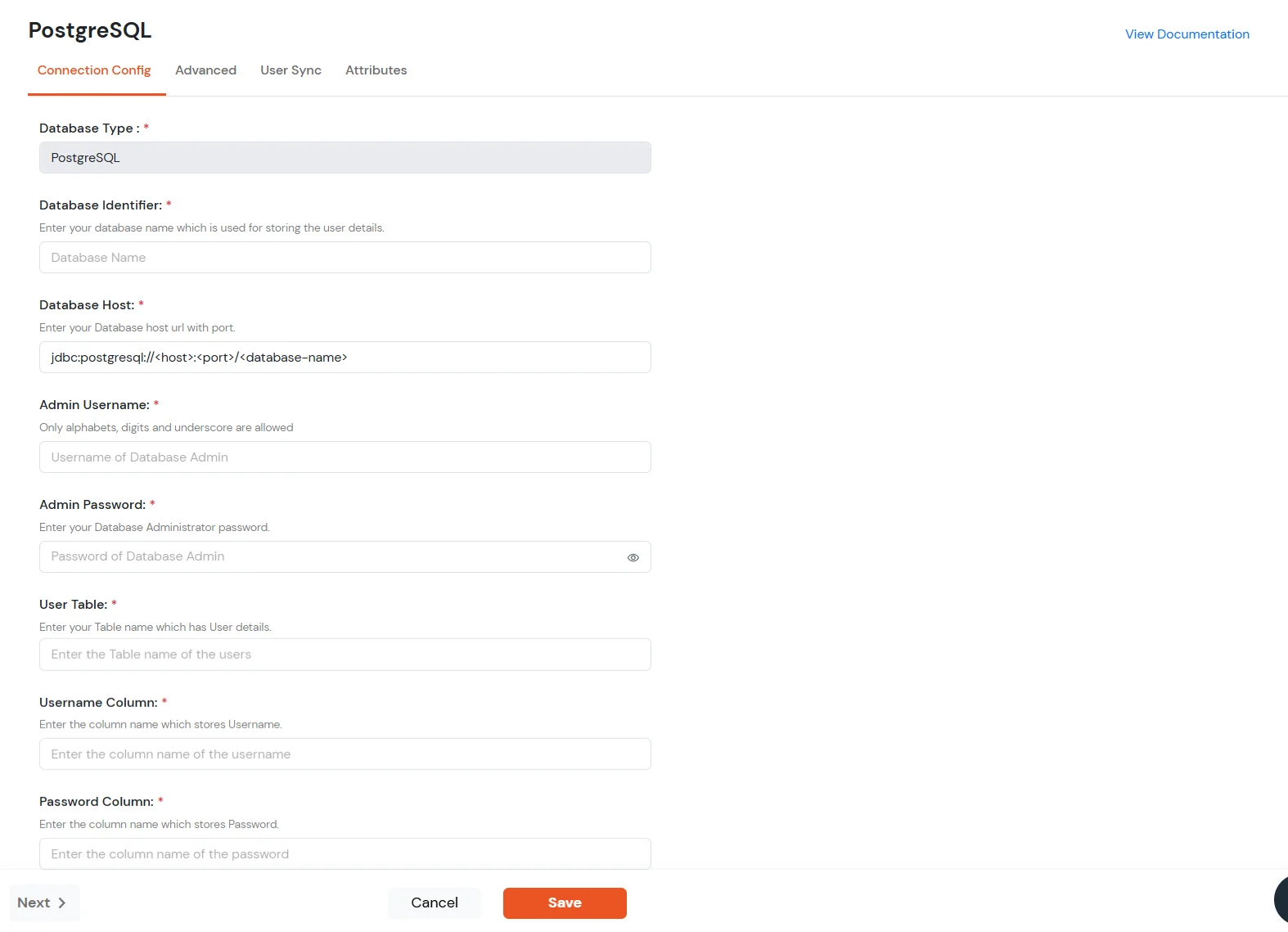 Under Connection Config, enter the details for PostgreSQL DB