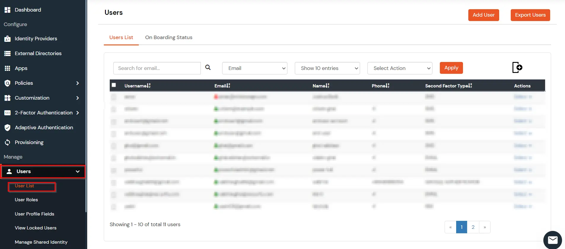 Database Authentication user provisioning user list