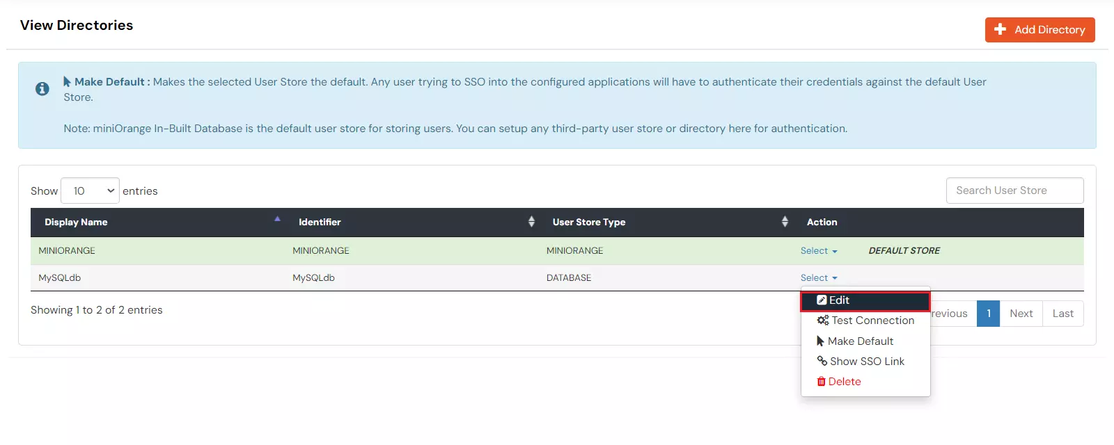 Configure MySQL Database Provisioning: Edit External Directory page