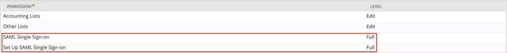 Netsuite Single Sign-On (sso) -selections listed with the level Full