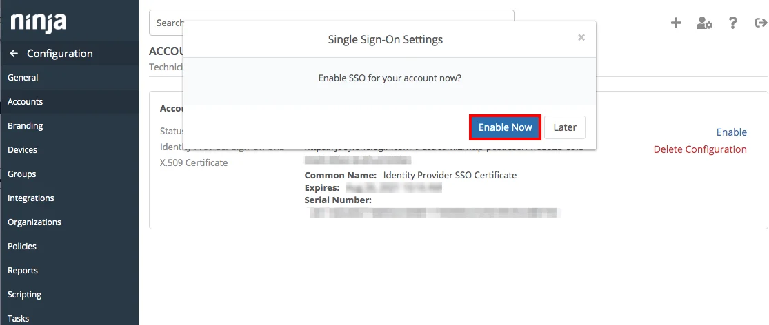 Ninja RMM Single Sign-On (sso) Admin Dashboard