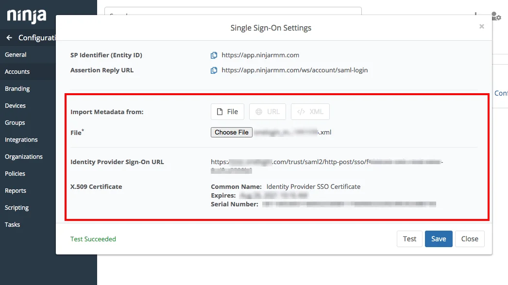 Ninja RMM Single Sign-On (sso) Admin Dashboard