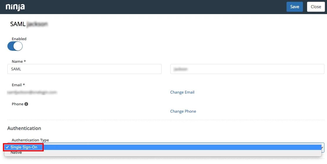 Ninja RMM Single Sign-On (sso) Admin Dashboard