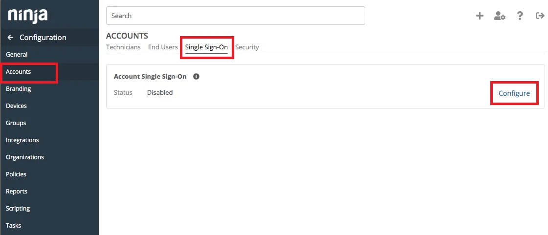 Ninja RMM Single Sign-On (sso) Admin Dashboard