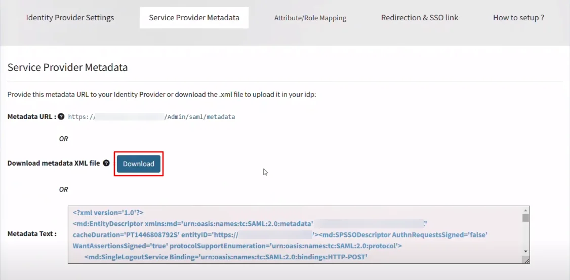 nopcommerce Single Sign On (SSO) service provider Under Service Provider Metadata, click on Download button