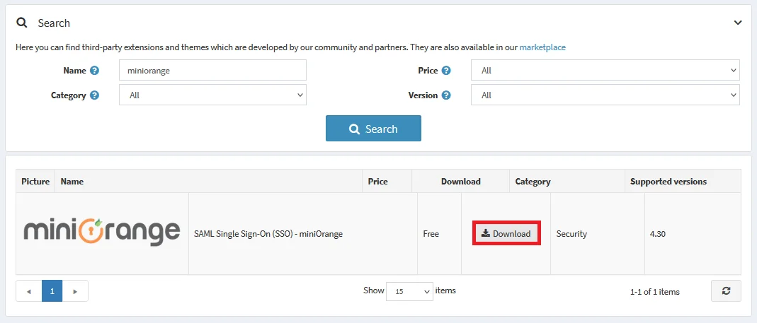 nopcommerce Marketplace Store Search for SAML Single Sign-On (SSO) - miniOrange, click on Download