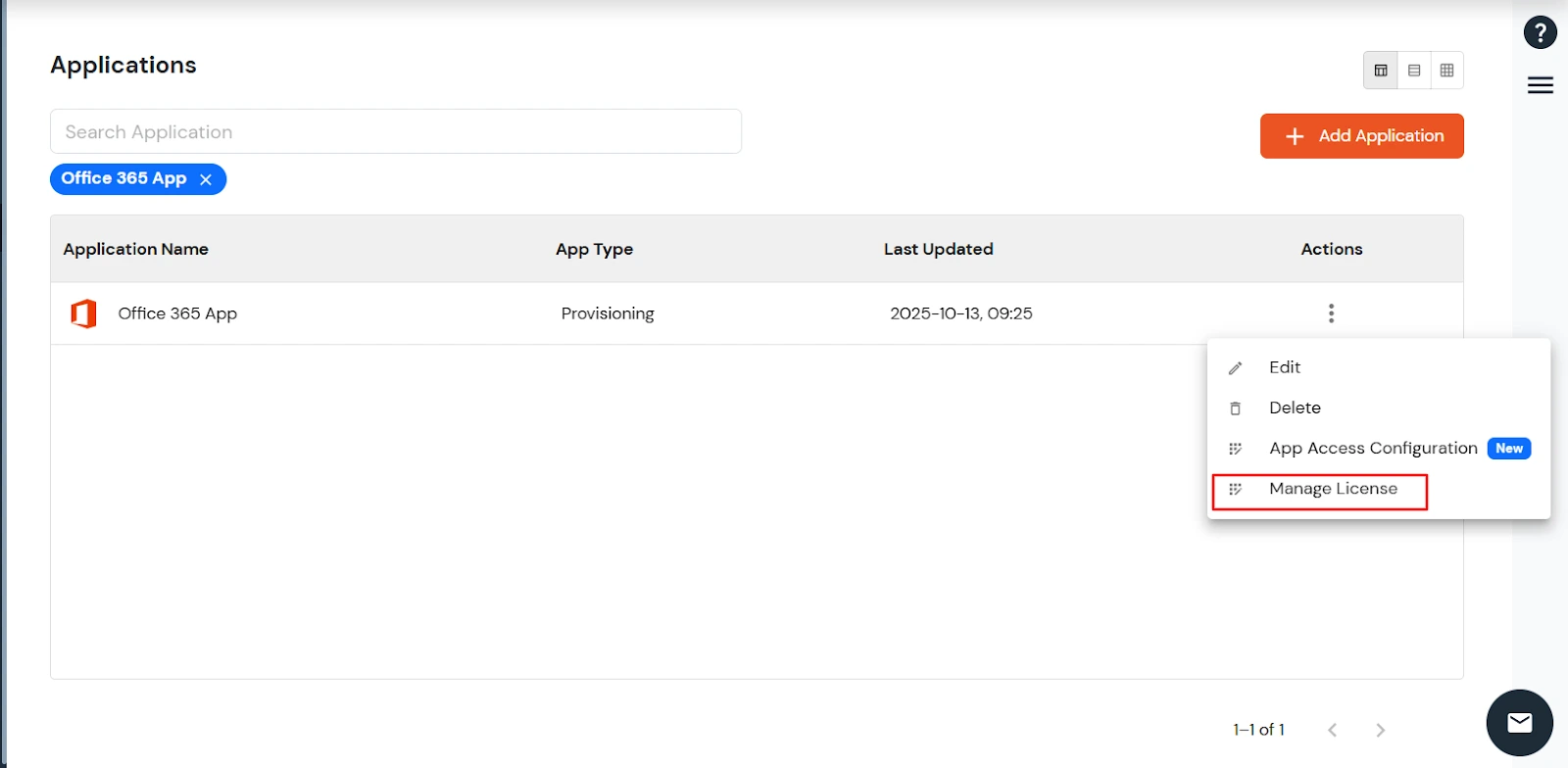 Office 365 license provisioning tab - Manage License