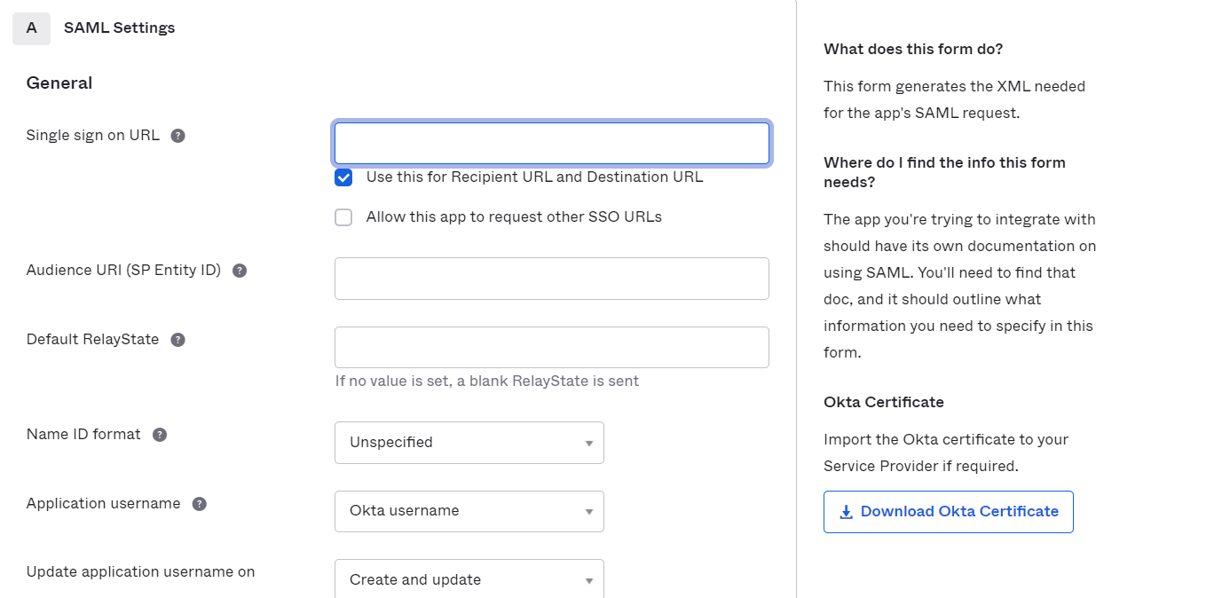 Okta Single Sign On SSO saml settings