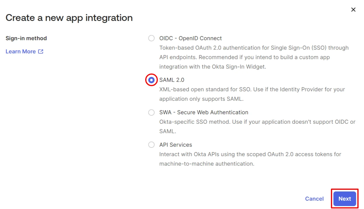 Okta Single Sign On SSO Select Sign On method