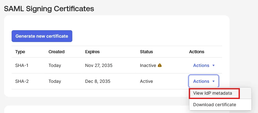 BigCommerce BigCommerce as SAML IDP: A new tab open, copy Metadata URL