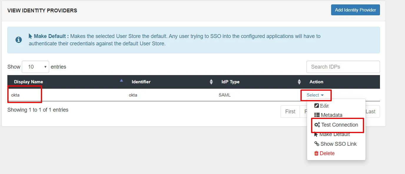 Okta Single Sign On SSO test connection