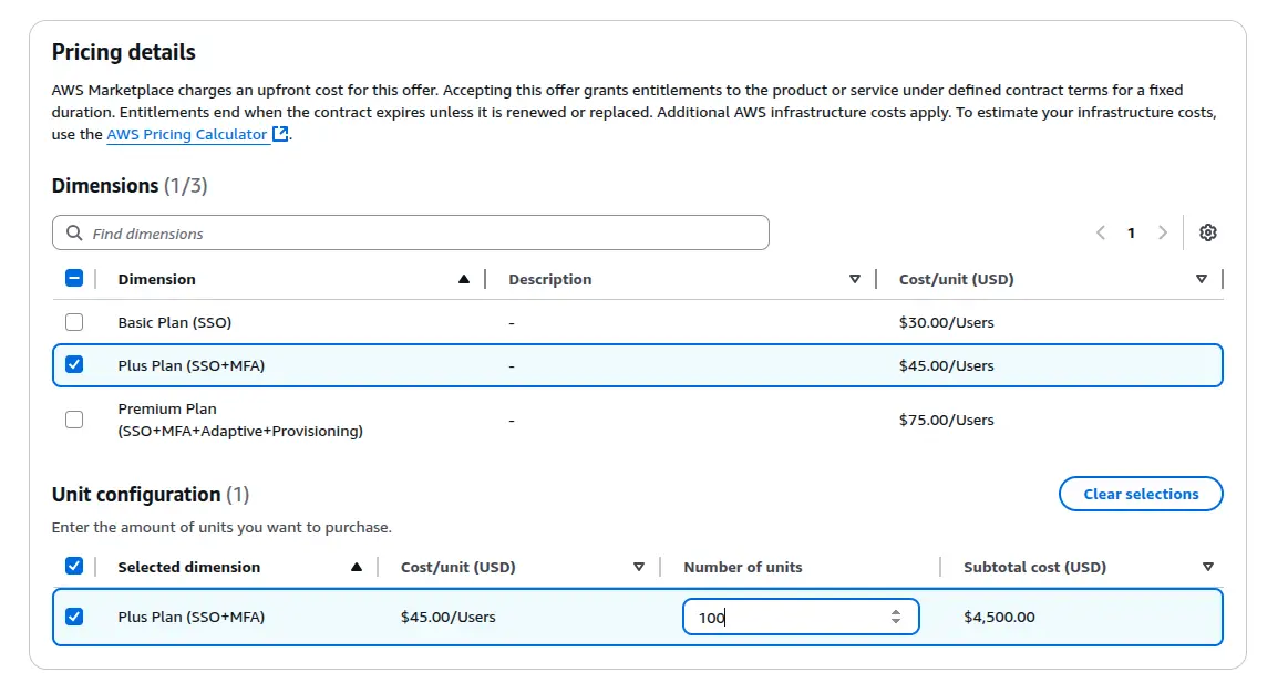 Pricing details section with license plan and license options