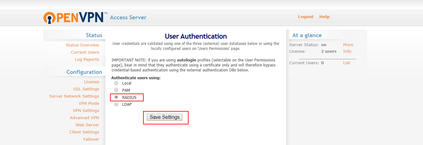 OpenVPN Multi-Factor authentication (MFA/2FA) select Radius and Save