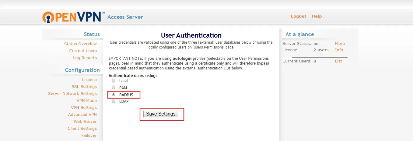 Authentification multifacteur OpenVPN (MFA/2FA) : sélectionnez Radius et Enregistrer