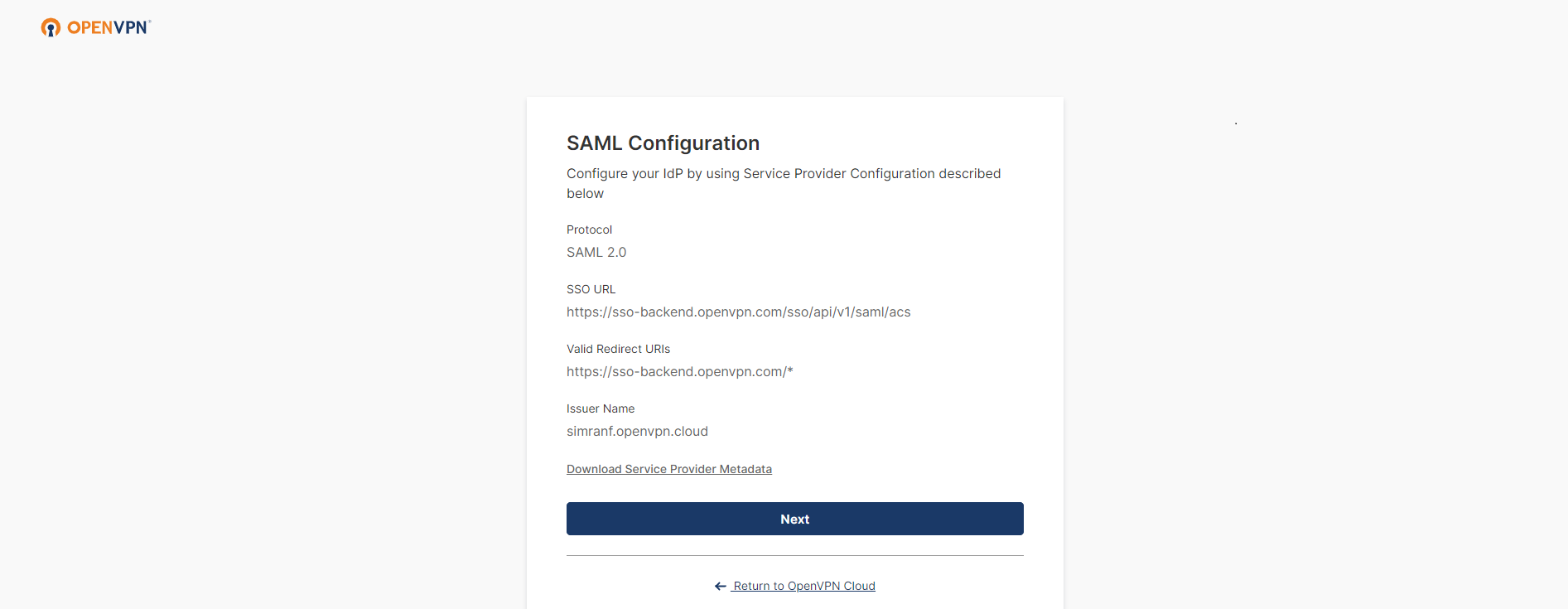 OpenVPN Single Sign-On (SSO) OpenVPN SAML Metadata