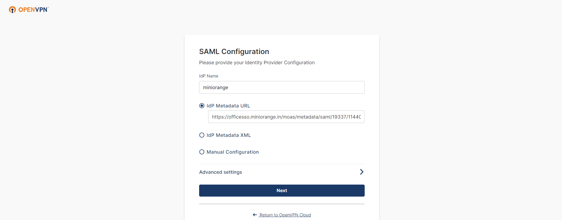 OpenVPN Single Sign-On (SSO) metadata URL