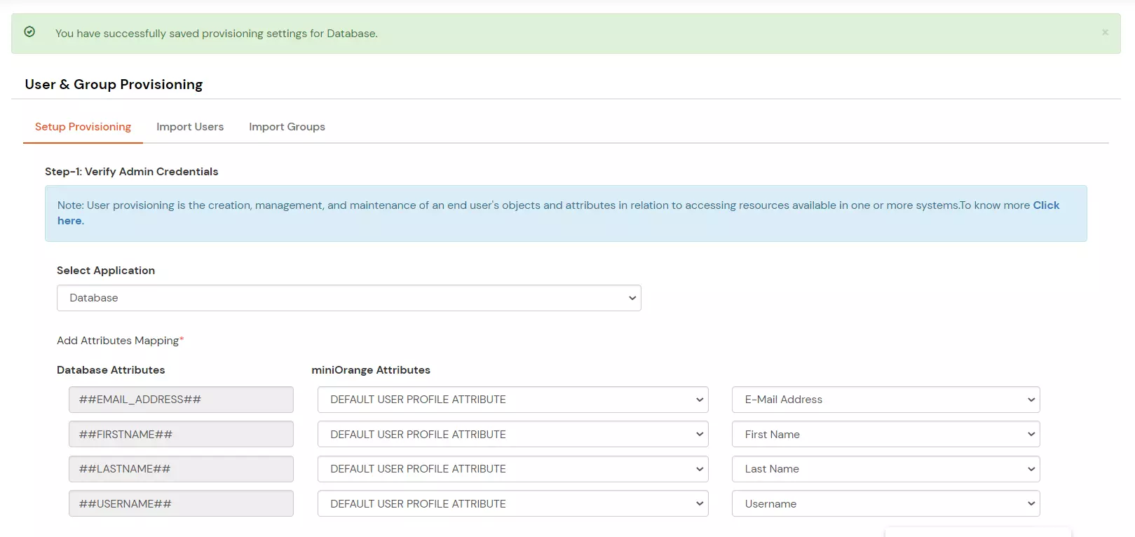 User Provisioning, Database Provisioning Save configuration success message