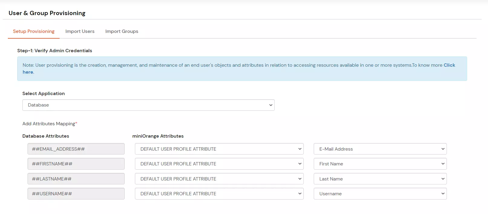Configure Maria Database Provisioning: Default User Profile Attributes mapping list
