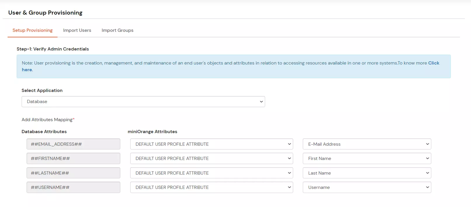 Configure PostgreSQL Database Provisioning: Default User Profile Attributes mapping list