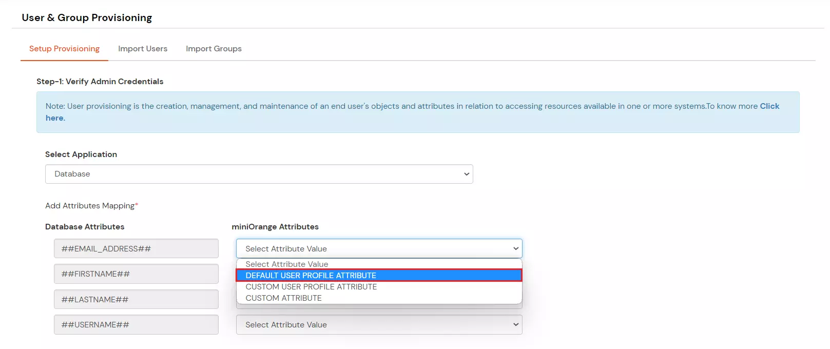 Configure MySQL Database Provisioning: Default User Profile Attributes mapping