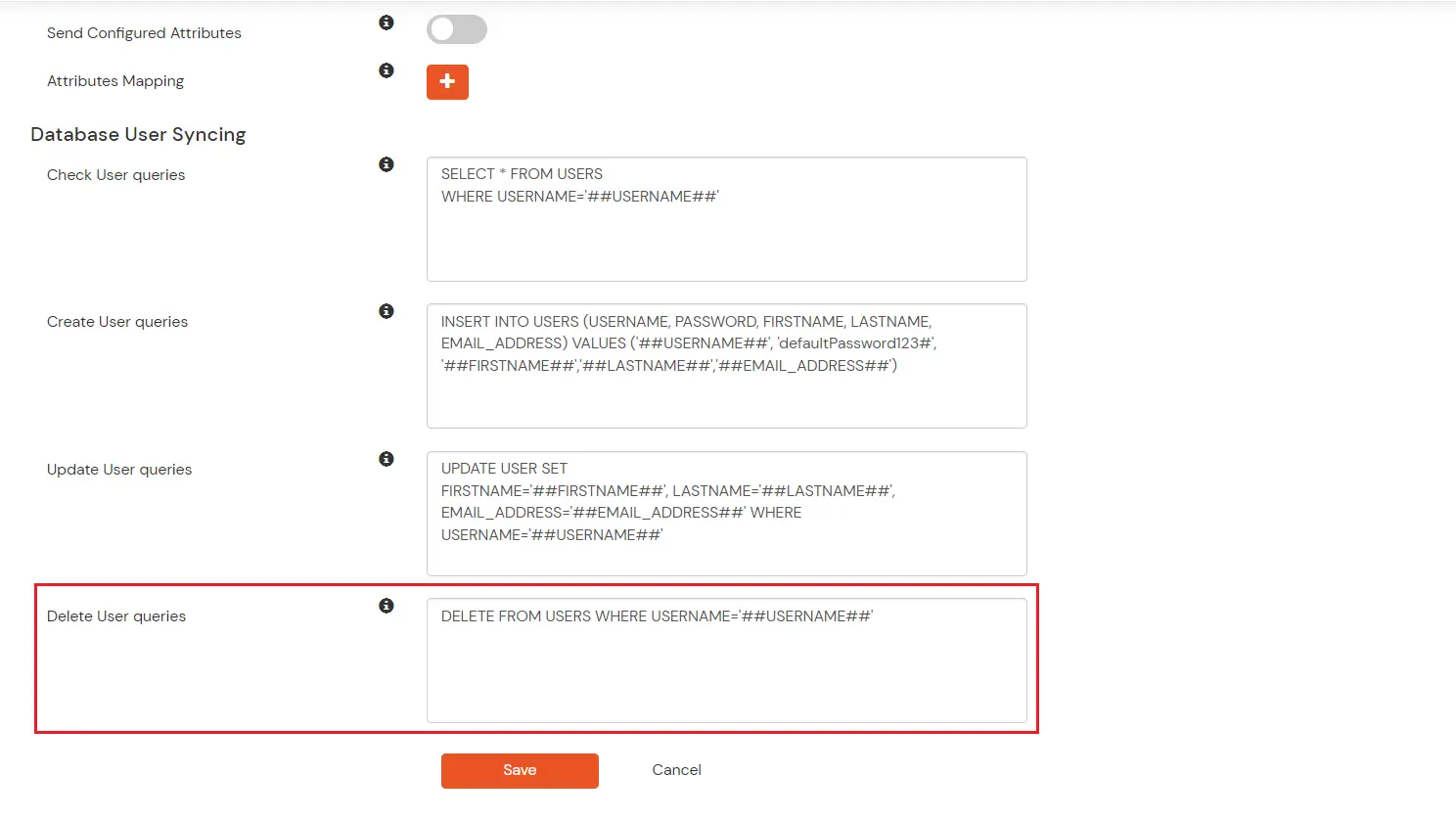 Configure Oracle Database User Provisioning: Filled-in Delete Users query for outbound database provisioning