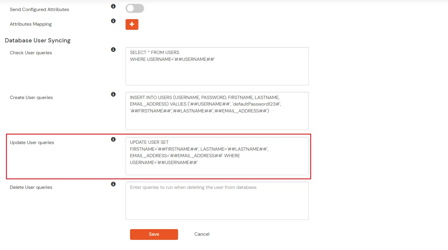 Configure MySQL Database Provisioning: Filled-in Update Users query for MySQL database user provisioning