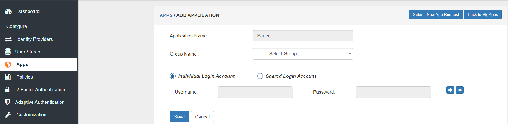 Pacer single sign on SSO App configuration in MiniOrange dashboard