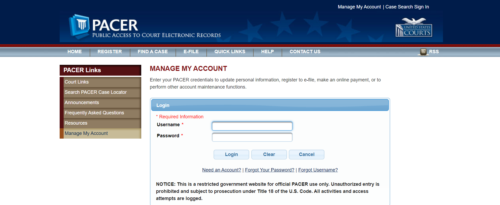 Pacer single sign on SSO App configuration, Redirect to PACER login page.