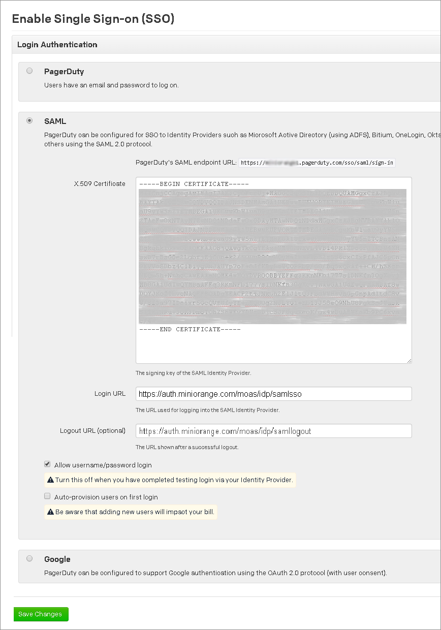 pagerduty sso saml configuration details