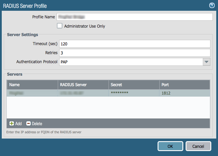 2FA two-factor authentication for Palo Alto Global Protect  : Rdius Server Profile