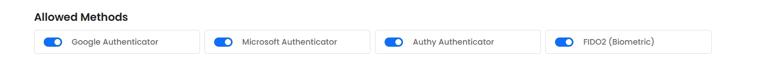 Privileged Access Management Admin Handbook: Allowed Methods listing Google Authenticator, Microsoft Authenticator, Authy Authenticator, and FIDO2
