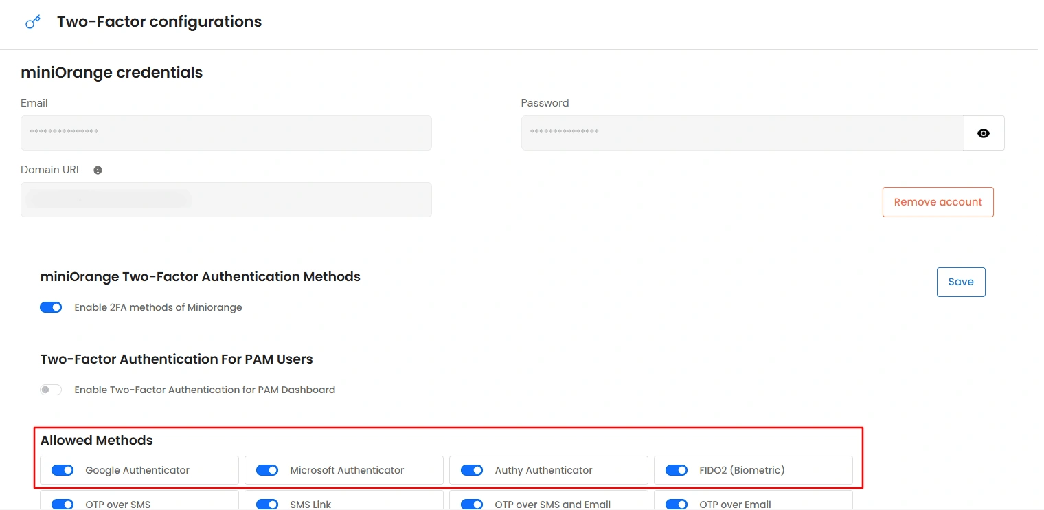 Privileged Access Management Admin Handbook: Allowed Methods toggles for Google Authenticator, Microsoft Authenticator, Authy Authenticator, and FIDO2