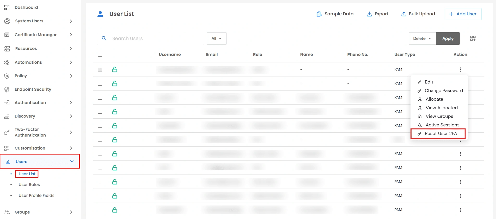 Privileged Access Management Admin Handbook: Reset User 2FA option in the User List action menu