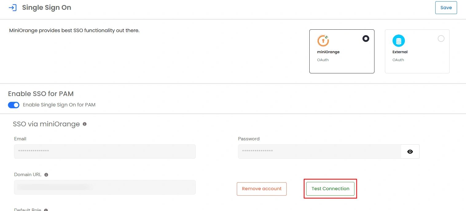 Privileged Access Management Admin Handbook: Test Connection button for miniOrange SSO