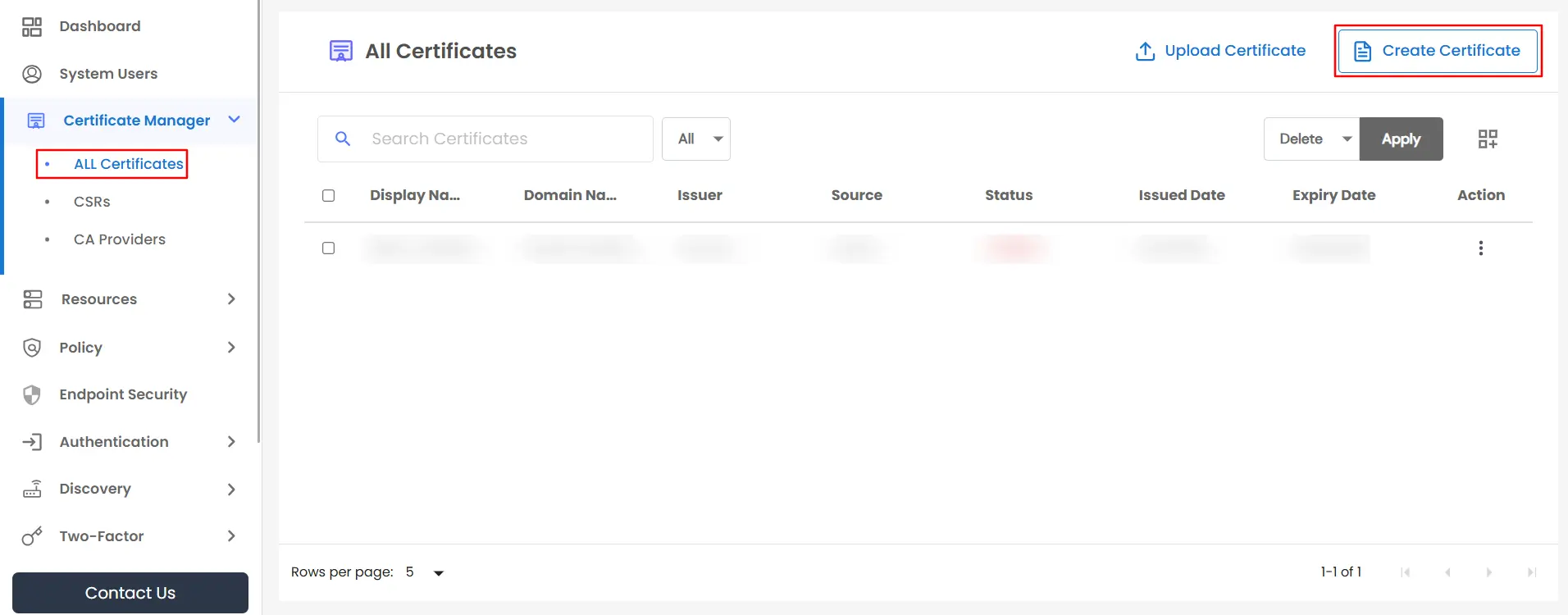 Certificate Manager - Create Certificate button