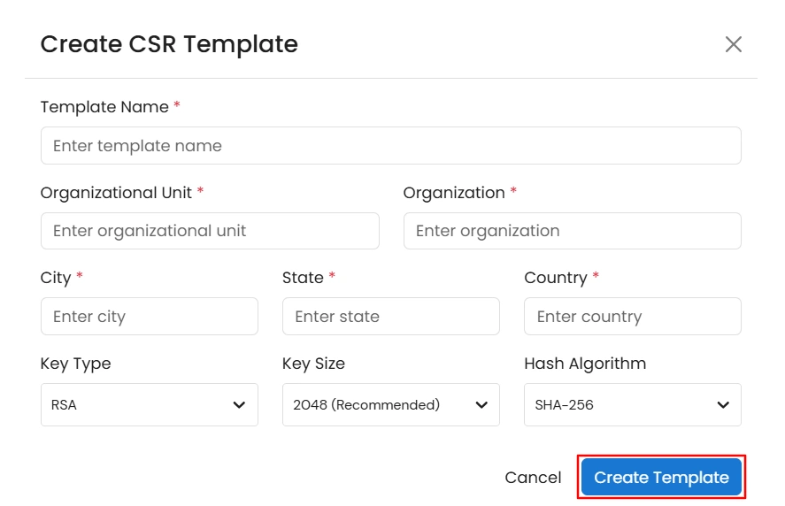 Certificate Manager - Add New CSR Template modal