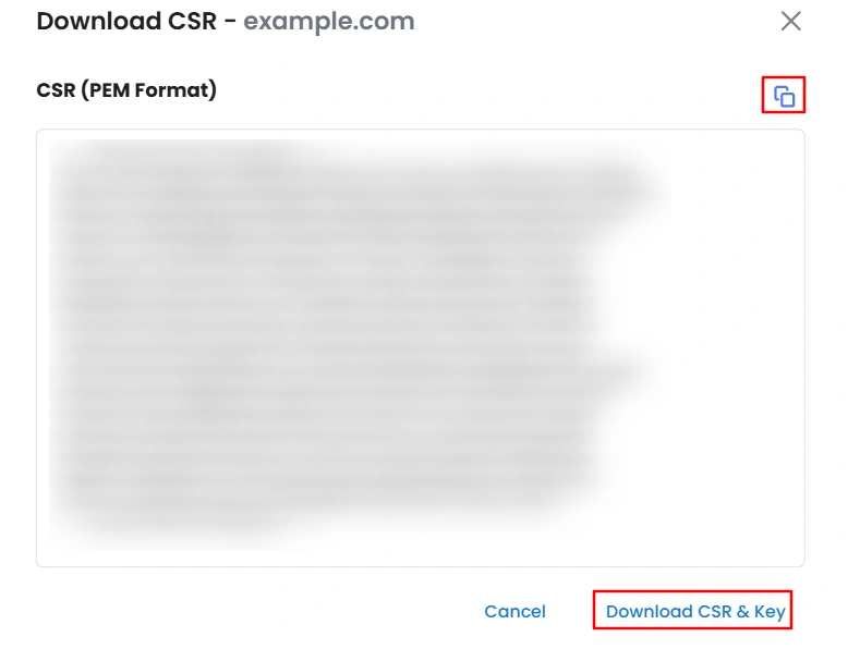 Certificate Manager - CSR Download modal