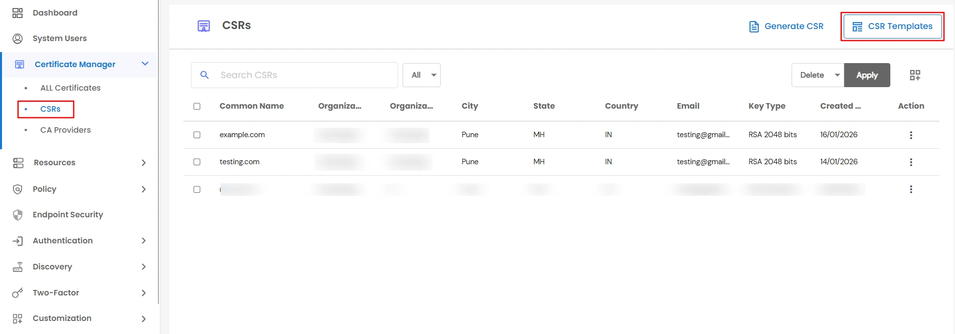 Certificate Manager - CSR Template button