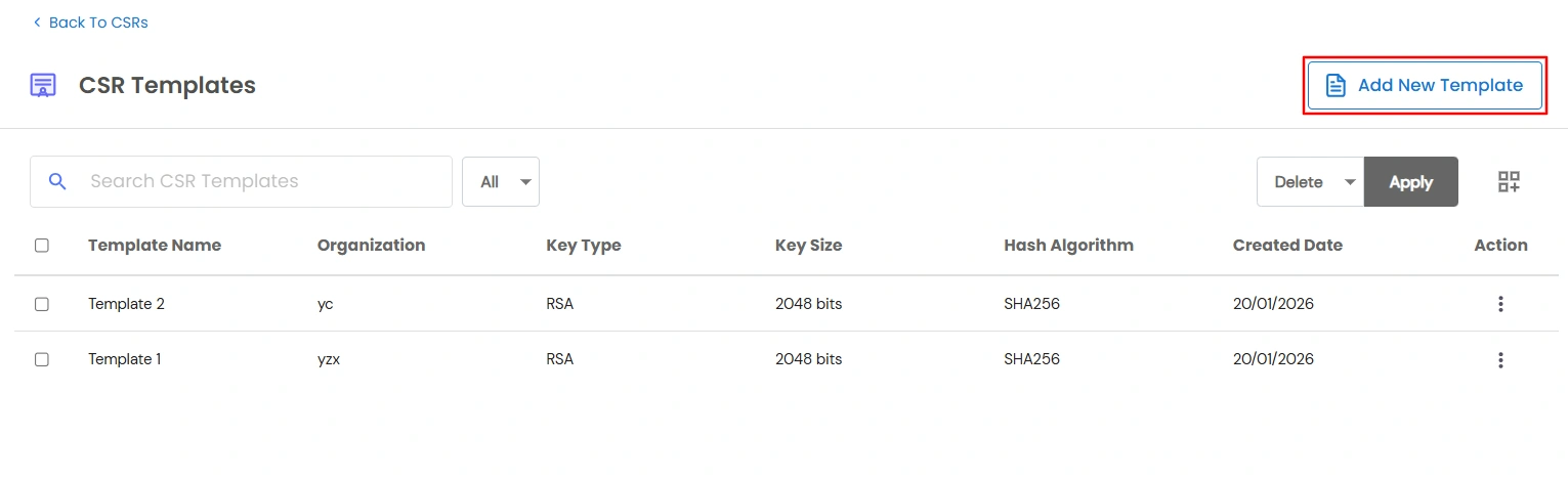 Certificate Manager - CSR Templates page