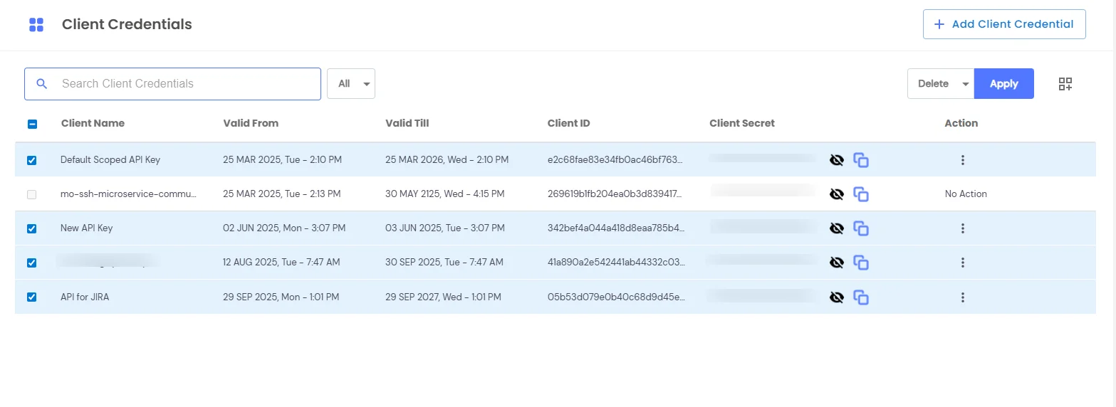Delete Multiple Client Credentials