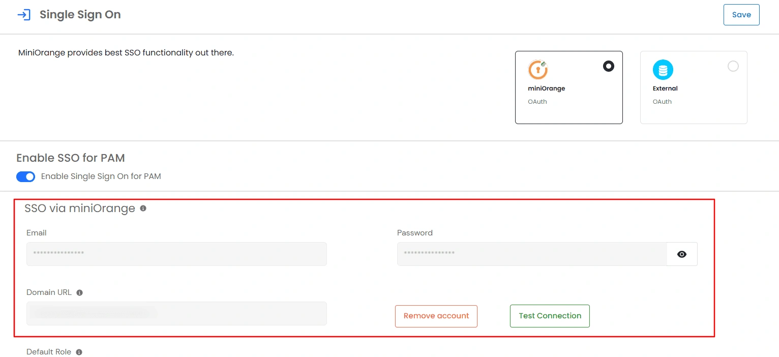 Privileged Access Management Admin Handbook: Email, Password, and Domain URL fields for the miniOrange account