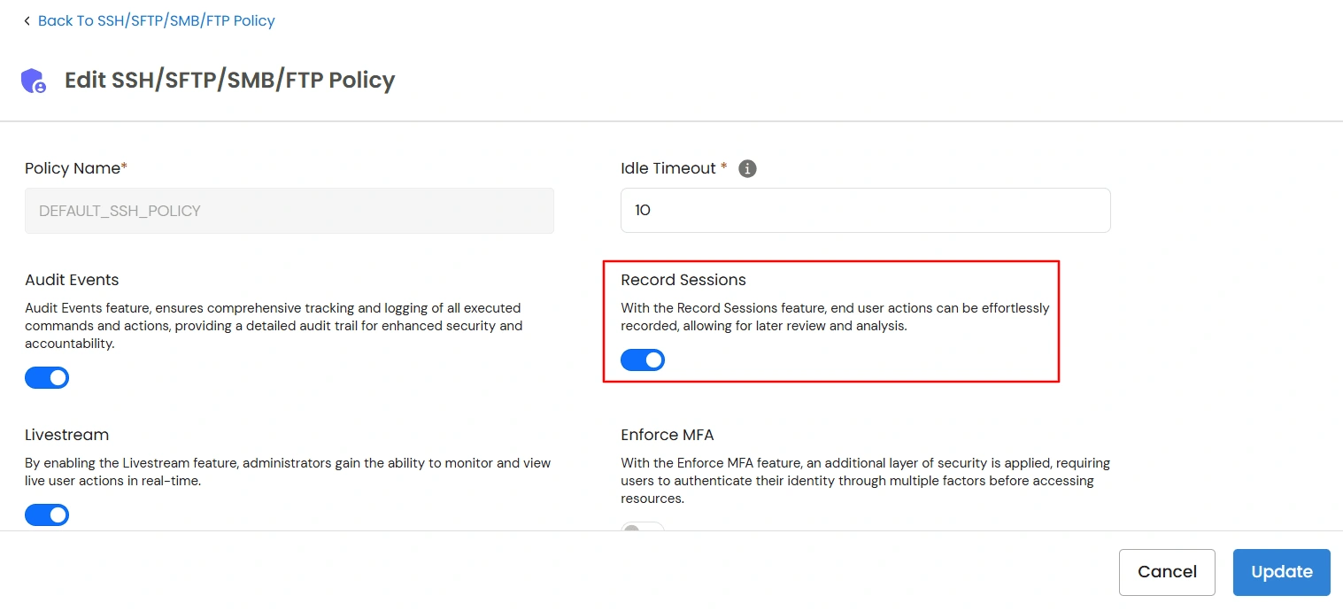 Privileged Access Management Admin Handbook: Record Sessions toggle in the General section of a resource policy