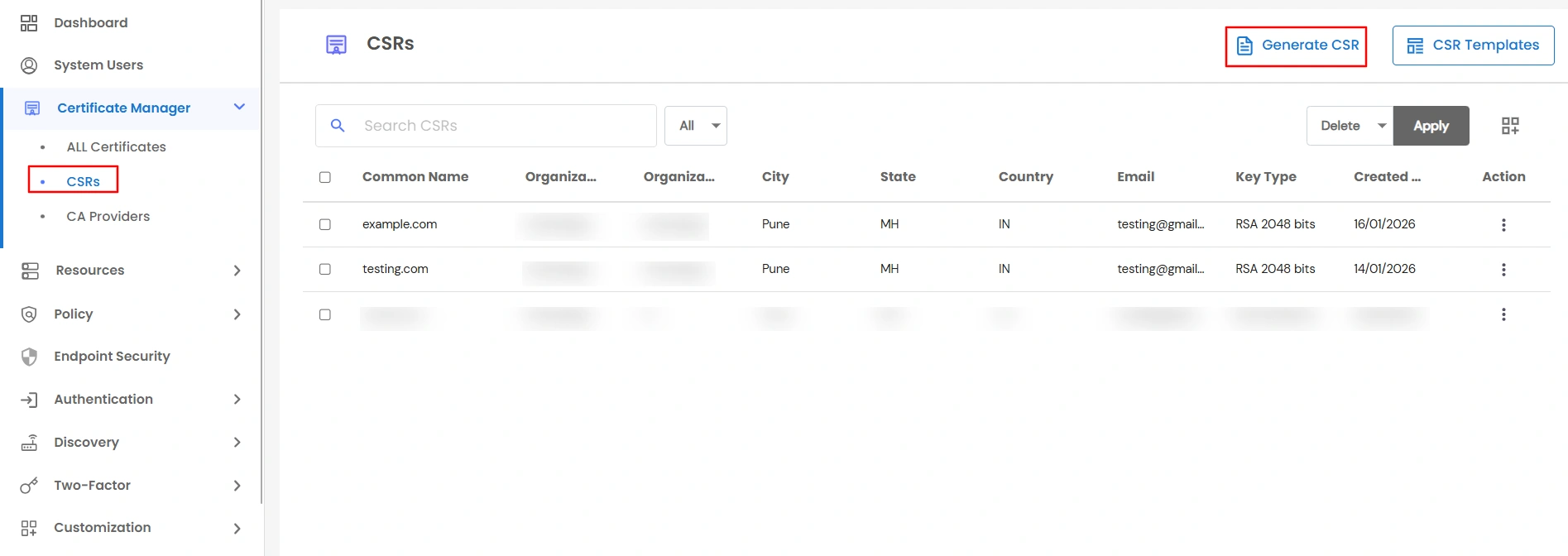 Certificate Manager - Generate CSR button