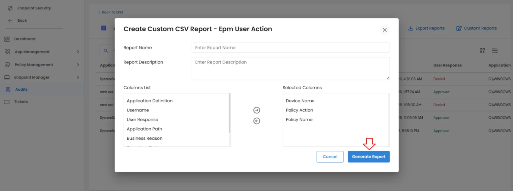 PAM Endpoint Generate Report