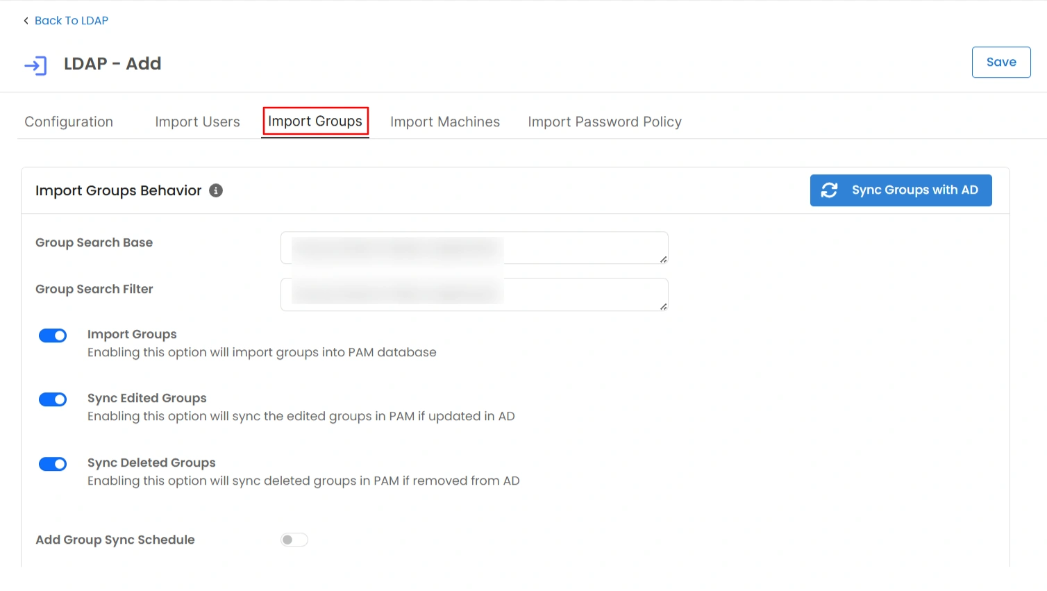 Import Groups from AD - import groups tab