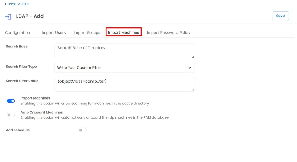 Import Machines from AD - import machines tab settings