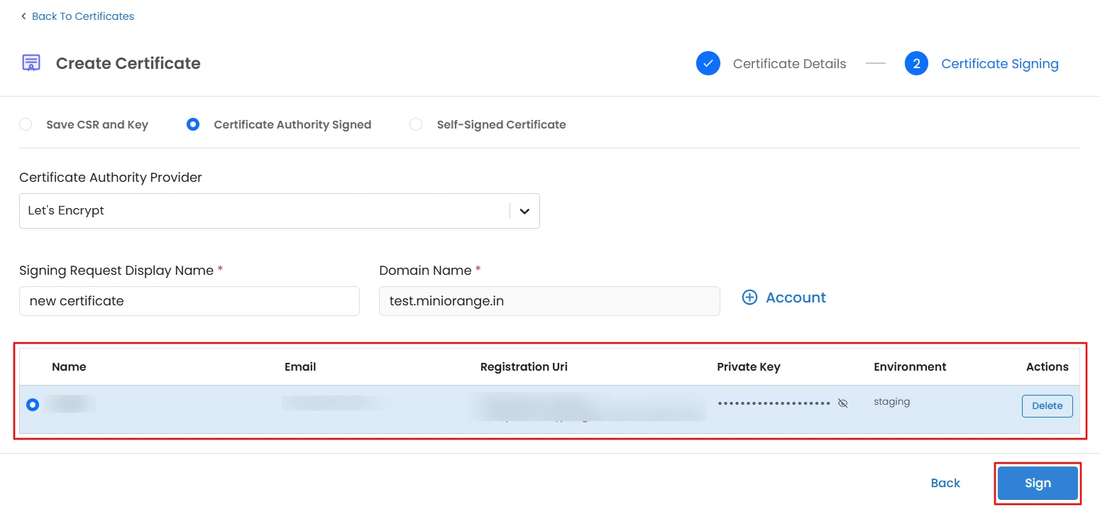 Certificate Manager - Let's Encrypt select account and Sign
