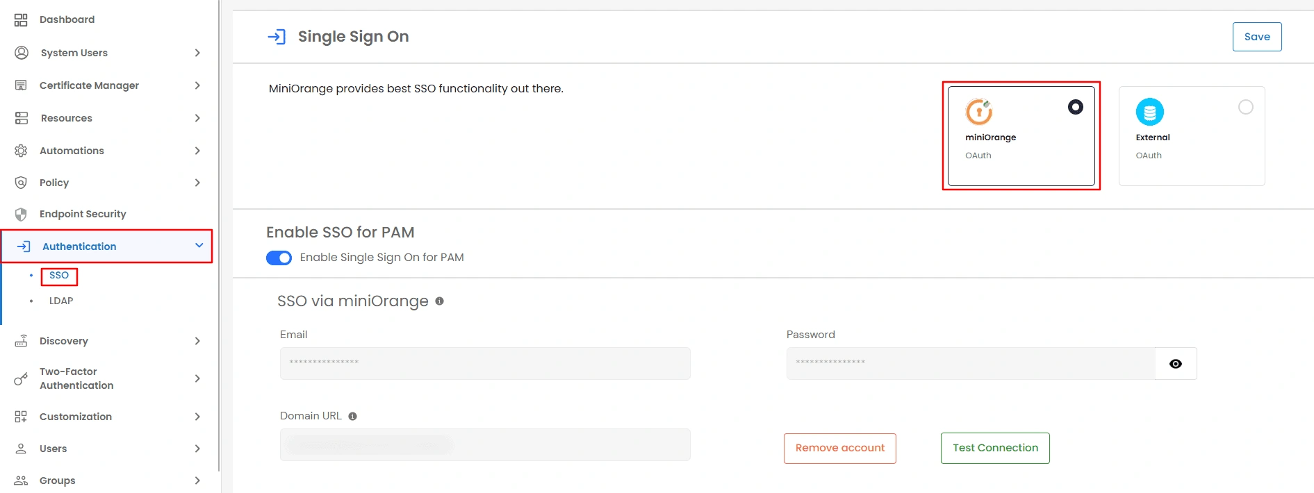 Privileged Access Management Admin Handbook: Authentication SSO page with the miniOrange card